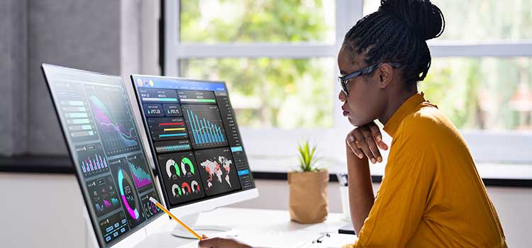 woman works on database analysis portfolio